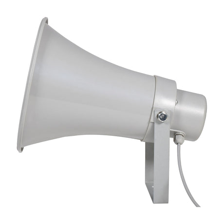 Adastra MH15V 100V weatherproof horn speaker in white plastic with wall mounting bracket and rotary tap selector, shown on a plain white background.