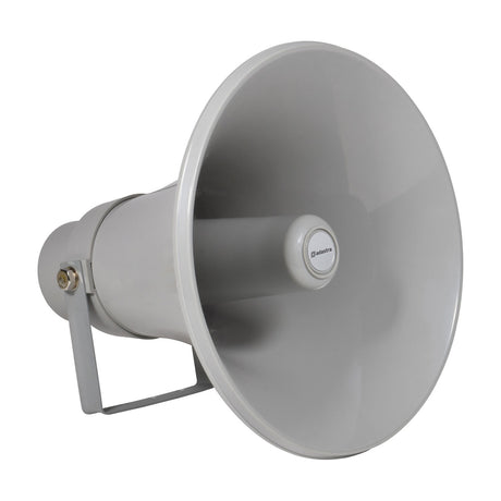 Adastra MH30V 100V weatherproof ABS horn speaker in grey, showing the wide circular horn, cylindrical body, and mounting bracket on a plain white background.