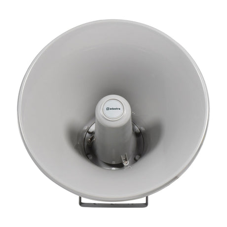 Front view of the Adastra MH30V light grey weatherproof ABS horn speaker, showing the bell opening, driver, mounting bracket, and tapping selector.