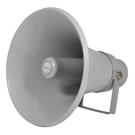 The Adastra MH30V 30W 100V ABS Horn Speaker features a weatherproof gray circular design complete with a side-mounted bracket, ideal for amplifying sound in public areas.