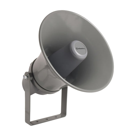 Adastra HD20V 20W 100V IP66 horn speaker in RAL7042 grey with spun aluminium flare and tilt-adjustable wall bracket, shown on a plain white background.