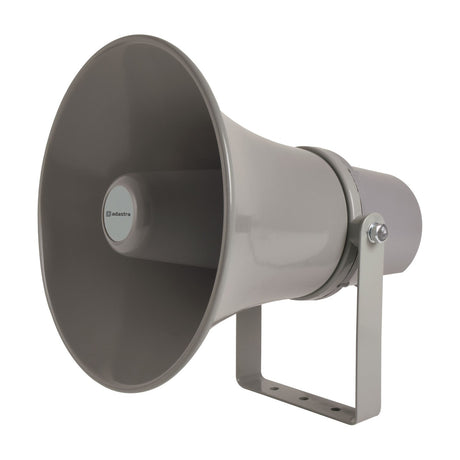 Adastra HD20V 20W 100V IP66 horn speaker in RAL7042 grey with spun aluminium flare, ABS rear cover and tilt-adjustable wall bracket on a white background.