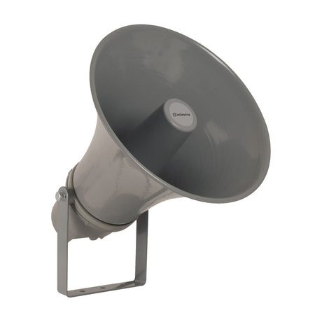 Adastra HD30V IP66 horn speaker with grey aluminium flare, wall mount bracket, and rear driver housing on a plain white background.