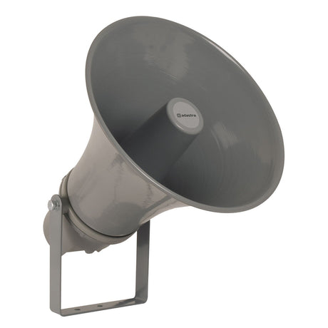 The Adastra 30W 100V Heavy Duty Horn Speaker, featuring a wide cone design in gray, is mounted on a metal bracket, making it ideal for industrial installations. This durable speaker includes a small label with unidentifiable text in the center and an adjustable bracket for flexible positioning.
