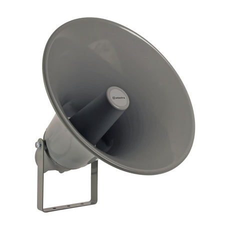 Adastra HD50V IP66 100V horn speaker with grey spun aluminium flare, cylindrical driver housing and mounting bracket, shown on a plain white background.