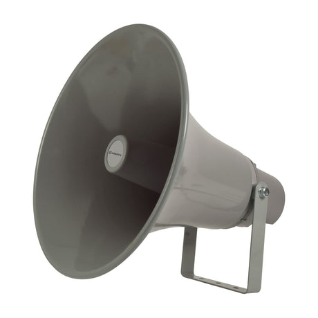 Adastra HD50V horn speaker with grey aluminium flare, cylindrical rear housing, and adjustable mounting bracket, shown on a plain white background.