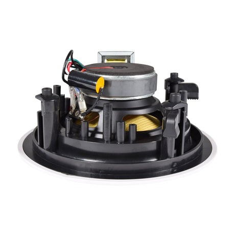 Rear view of the Adastra KV5T ceiling speaker showing transformer, wiring terminals, mounting clamps and woofer cone with white trim ring on a plain background.