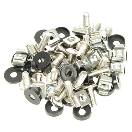 A collection from the Adastra Rack Fixing Kit (20 Pack), featuring an assortment of silver screws, M6 captive nuts, and black washers, all laid out on a white background. These metal components, along with several cross-head bolts, showcase various shapes and sizes in a random arrangement.