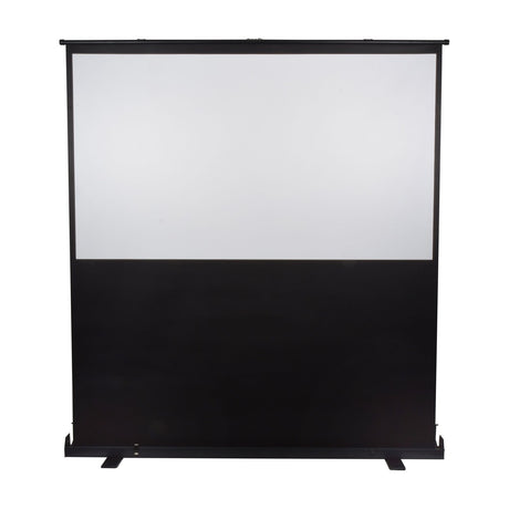 AV:Link FSS100 100" pull-up floor standing projector screen with white matt PVC surface, 16:9 ratio, black base and casing, on a plain white background.