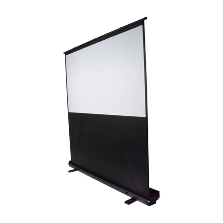 AV:Link FSS100 100" pull-up floor standing projector screen with white 16:9 matt surface, black frame and base case, shown on a plain background.