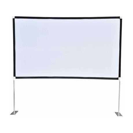 AV:Link PFFS100 100" 16:9 portable projector screen with white fabric surface, black trim, and freestanding metal support legs on a plain background.