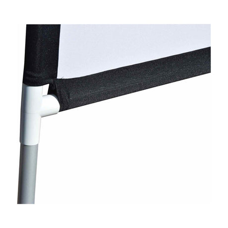 Close-up of the AV:Link PFFS100 fast fold screen corner, showing white fabric, black border, aluminium frame joint, and support leg on a white background.