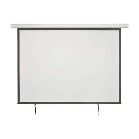 AV:Link EPS100-4:3 electric projector screen with white steel case, black matt fabric, dark border and pull cords, on a plain white background.