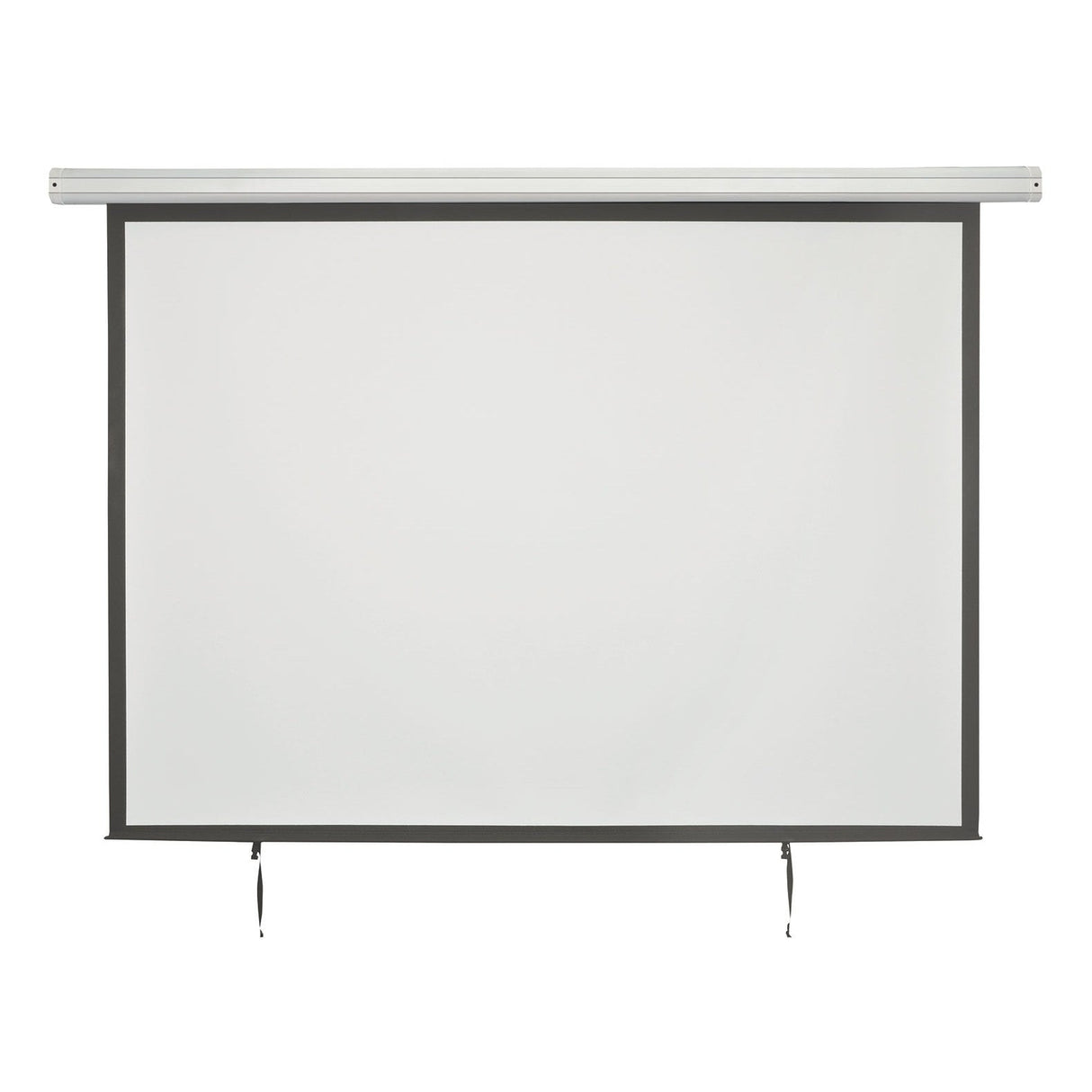 The AV:Link 100 Inch 4:3 Electric Projector Screen features a matte white surface with a black border in a sleek silver casing, hanging against a plain background.
