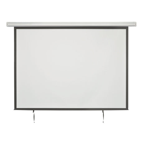 The AV:Link 120 Inch 4:3 Electric Projector Screen features a matte white surface with a black border and pull strings, hanging against a plain white background—ideal for clear and vibrant projections.