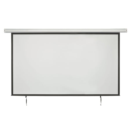 The AV:Link 100 Inch 16:9 Electric Projector Screen is a white, motorized screen with a black border and two small pull cords at the bottom corners.