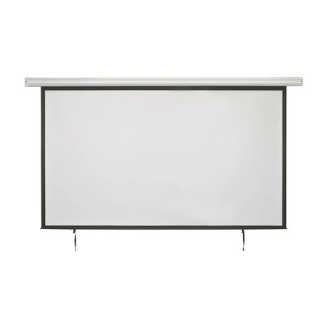 AV:Link EPS120 120" 16:9 electric projector screen with matt white surface, black border, white mounting casing and pull cords, shown on a plain background.