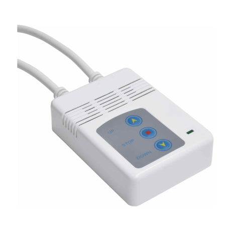 White wired remote control for the AV:Link EPS120 electric projector screen, with Up, Stop and Down buttons and LED indicator, on a plain background.