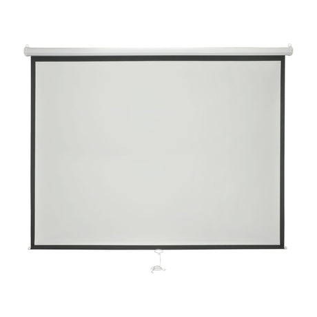 AV:Link MPS86 86" manual pull-down projector screen with white housing, black border, matte white surface, and pull cord, on a plain background.