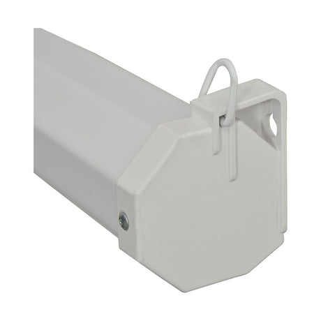 Close-up of the white steel end cap and mounting bracket of the AV:Link MPS120-4:3 120" manual projector screen housing on a plain background.