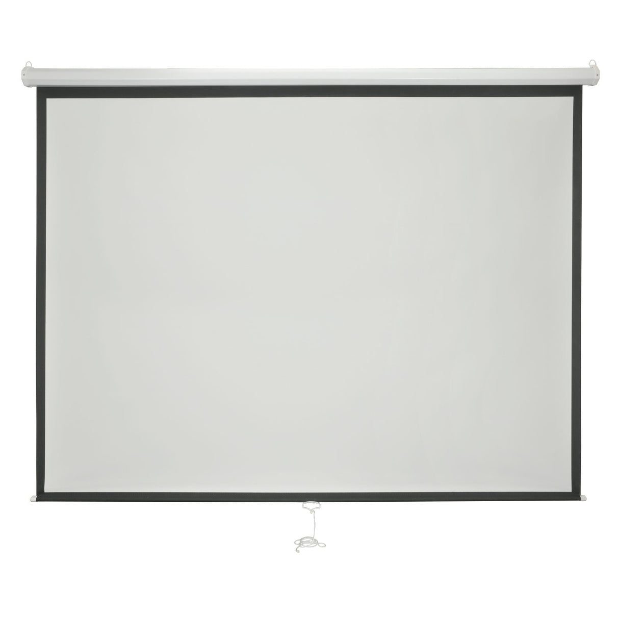 The AV:Link 120 Inch 4:3 Manual Projector Screen features a white surface with a black border, hangs from a white metal casing, and includes a pull cord for easy height adjustment.