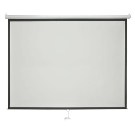 The AV:Link 120 Inch 4:3 Manual Projector Screen features a white surface with a black border, hangs from a white metal casing, and includes a pull cord for easy height adjustment.