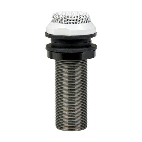 Adastra CBM20 omnidirectional ceiling boundary microphone with white mesh dome, black mounting collar, and threaded steel shaft on a white background.
