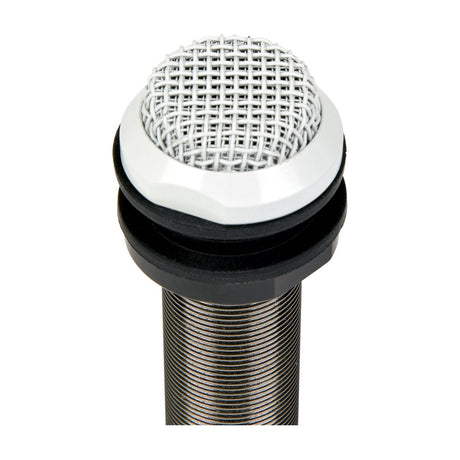 Close-up of the Adastra CBM20 omnidirectional ceiling boundary microphone with a white mesh dome, black rubber mount, and threaded metal body.