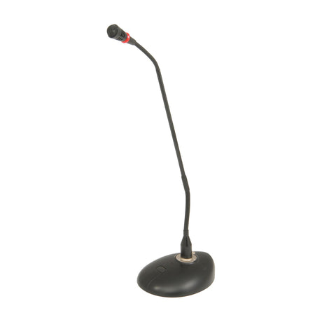 Adastra COM47 gooseneck conference microphone with black flexible neck, red accent ring, and oval base unit on a plain white background.