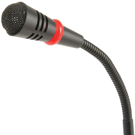 Adastra COM47 gooseneck conference microphone with mesh capsule, red accent ring, and flexible black shaft on a plain white background.