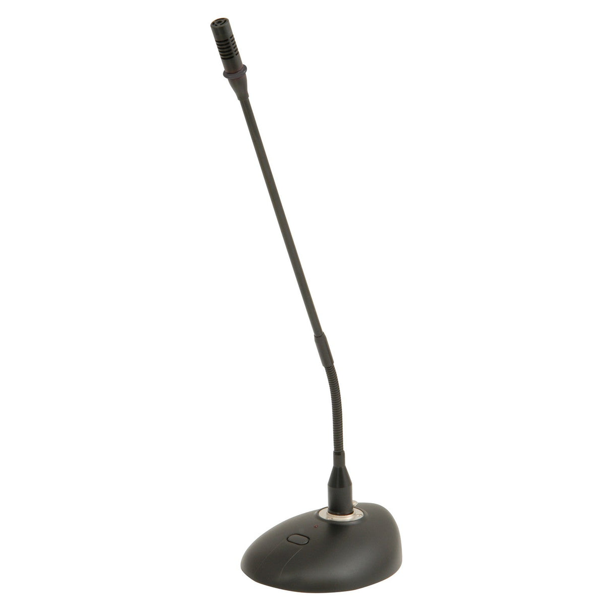The Adastra Conference Microphone - Slimline, a black gooseneck condenser microphone with a flexible stem, is mounted on a round base. Positioned at a slight angle, the base includes a button. The plain white backdrop accentuates its XLR connection and sleek design.