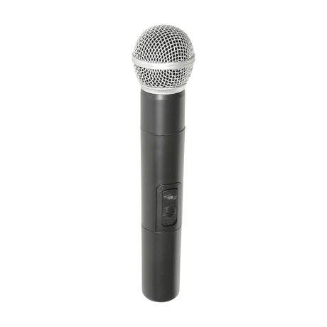 Adastra H25-HH VHF handheld wireless microphone with silver mesh grille, matte black body and on/off switch, shown on a plain white background.