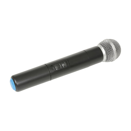 Adastra H25-HH VHF handheld wireless microphone by AVSL with matte black body, silver mesh head, control switch and blue base cap, on a white background.