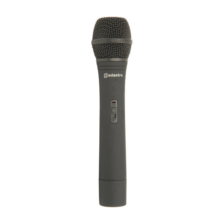 Adastra VH174.8 VHF handheld microphone transmitter with mesh head, on/off slider switch, and matte black body on a plain white background.