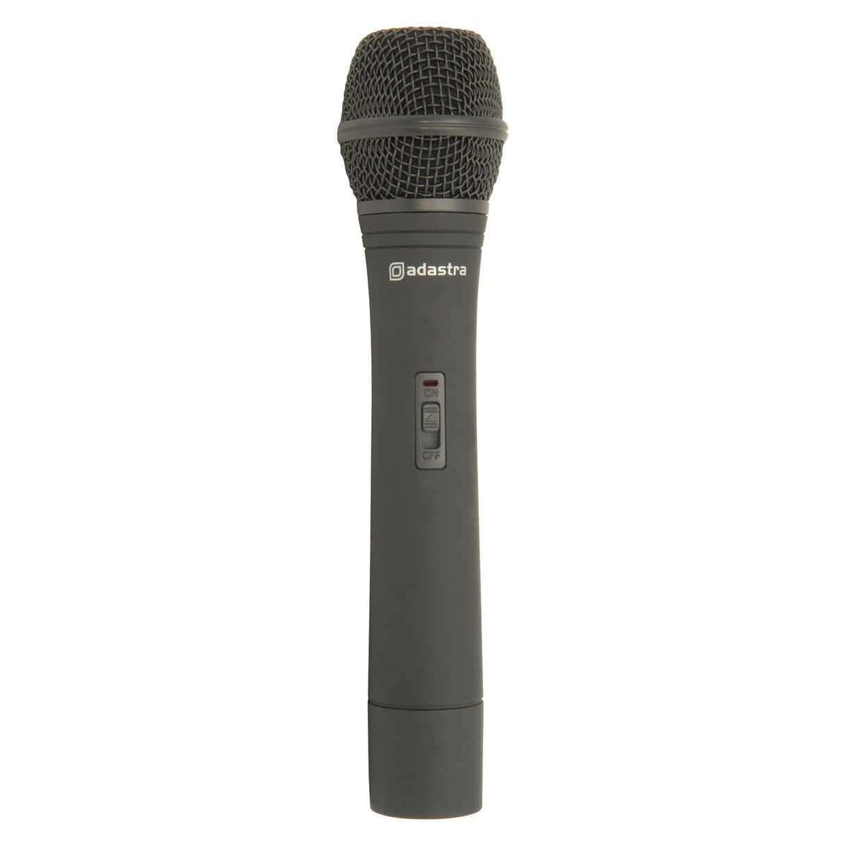 A black Adastra VH174.8 Handheld Microphone Transmitter, featuring a mesh head and an on/off switch, stands vertically against a white background. The name "Adastra" is printed below, emphasizing its compatibility with high-quality VHF systems. This microphone is perfect for pairing with Adastra portable QRPA units or other handheld VHF transmitters like the EZPA Lite.
