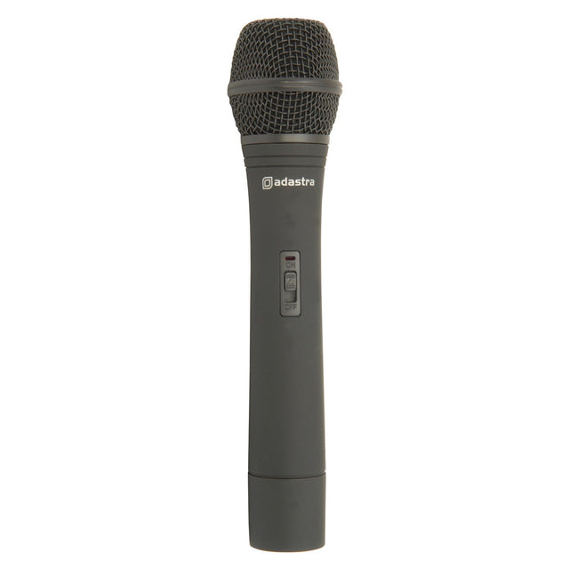 A black Adastra VH174.8 Handheld Microphone Transmitter, featuring a mesh head and an on/off switch, stands vertically against a white background. The name "Adastra" is printed below, emphasizing its compatibility with high-quality VHF systems. This microphone is perfect for pairing with Adastra portable QRPA units or other handheld VHF transmitters like the EZPA Lite.