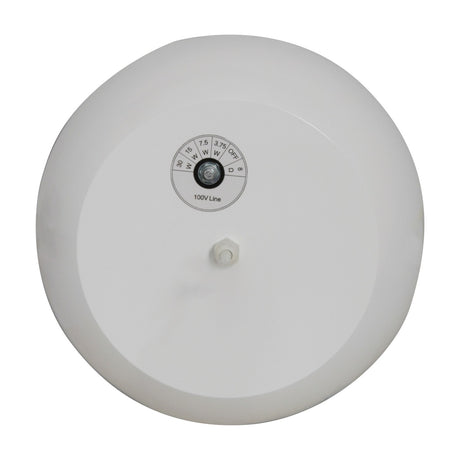 Adastra PS50-W white wide-angle pendant speaker, underside view showing wattage selector, 100V line settings, and mounting bracket, on white background.