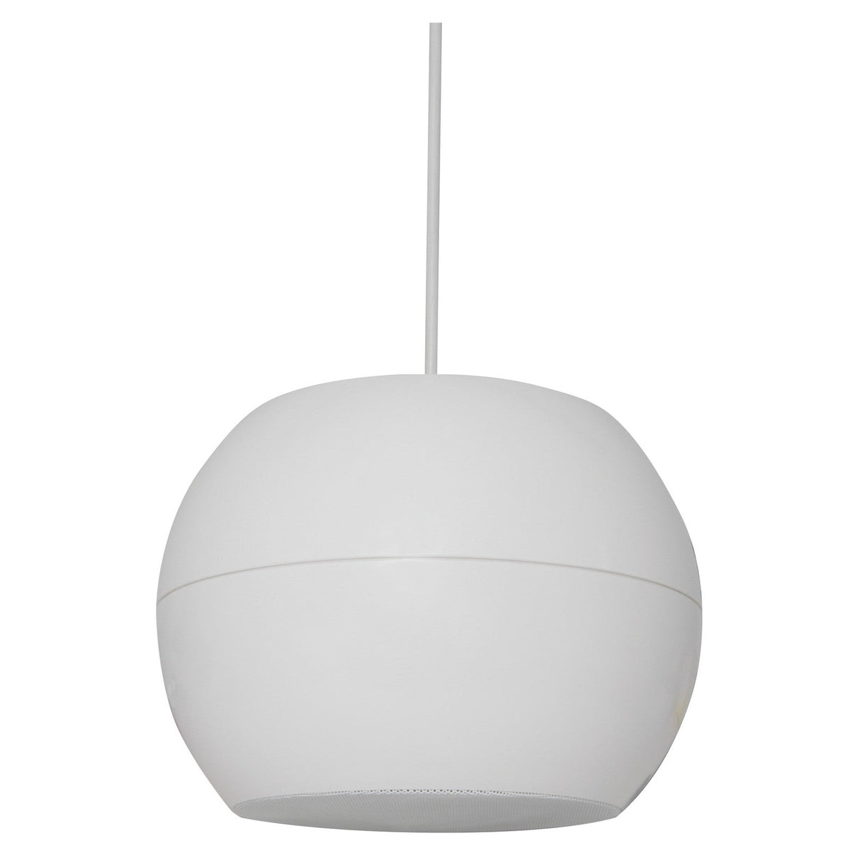 The Adastra 5" 20W Pendant Speaker in white is designed with a sleek, modern spherical shape and hangs from a cord, making it perfect for high ceilings. Its smooth and minimalistic design features a small opening at the bottom for optimal sound projection.