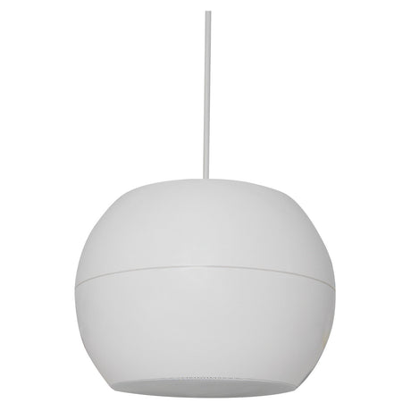 The Adastra 5" 20W Pendant Speaker in white is designed with a sleek, modern spherical shape and hangs from a cord, making it perfect for high ceilings. Its smooth and minimalistic design features a small opening at the bottom for optimal sound projection.