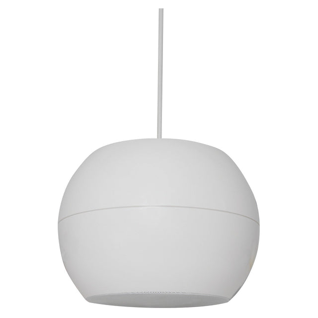 The Adastra 5" 20W Pendant Speaker in white is designed with a sleek, modern spherical shape and hangs from a cord, making it perfect for high ceilings. Its smooth and minimalistic design features a small opening at the bottom for optimal sound projection.