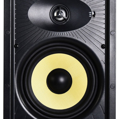 Close-up of the Adastra KS660 6.5" in-wall speaker showing a black grille, oval titanium dome tweeter, and yellow glass-aramid woofer cone with dB level switch.