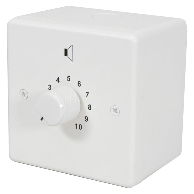 The Adastra 100V Volume Control, Relay Fitted, 12W features a simplistic design with a square faceplate. It includes a white wall-mounted dial for easy volume adjustments, numbered from levels 1 to 10 with a speaker icon above it. The knob is currently set at level 2 and is designed for compatibility with plastic surface mount back boxes to ensure straightforward installation.