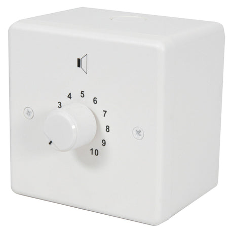 An Adastra 100V Volume Control with a relay fitted and a capacity of 24W, featuring a high-quality attenuator. It has a white ABS faceplate and a rotary dial labeled from 1 to 10 beneath a speaker icon. The dial is currently set to 0. Its design is simple and square, with two visible screws on the front.