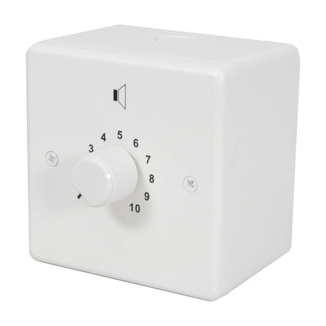 Adastra V36-VR 100V volume control in white plastic surface-mount box with rotary dial numbered 3 to 10 and speaker icon, on a plain background.