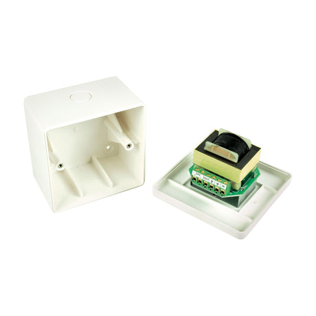 Adastra V36-VR 100V volume control with white surface mount back box and open faceplate showing circuit board terminals, on white background.