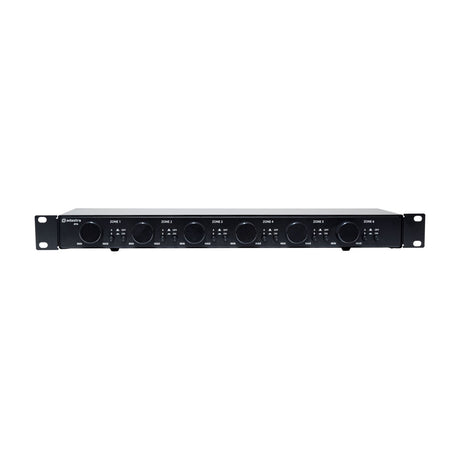 Adastra AT6 1U rack-mount 6-zone 100V attenuator with six rotary volume knobs and A/B source switches in a matte black enclosure on a white background.