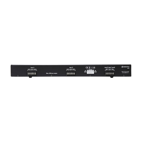 Rear panel of the Adastra AT6 100V 6-zone attenuator showing Euroblock terminals for OUT1-6, IN A/B inputs, and 24V EMG mute connections.