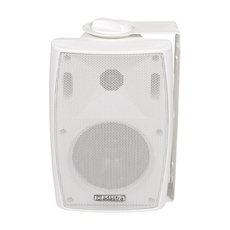 Adastra BM4V-W 100V white wall-mount speaker with perforated steel grille, top volume dial and adjustable side bracket on a plain background.