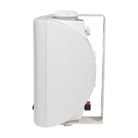 Side view of the Adastra BM4V-W white wall-mount speaker showing the moulded cabinet, adjustable steel bracket, tapping selector and binding posts.