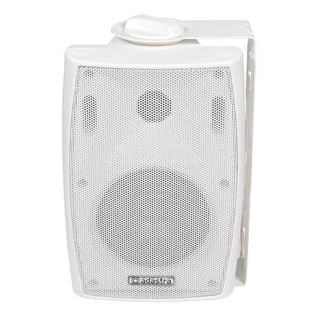 The Adastra BM4V 4" 20W Wall Mounted Speaker in white is a versatile choice for multi-speaker installations, including PA and background music systems. It features a dual-speaker design with a larger speaker at the bottom and a smaller one at the top, all behind a mesh front cover. The convenient volume knob is positioned on top, while the brand logo is located at the bottom.